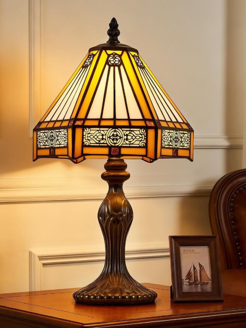 Mission Style Tiffany Table Lamp -  Hand crafted Amber Glass